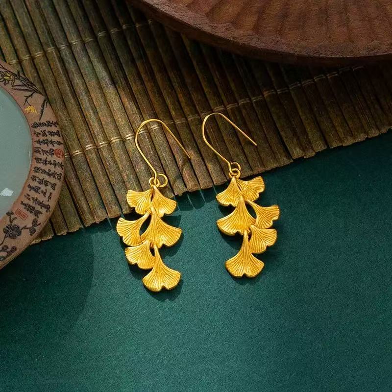 Golden Ginkgo Leaf Earrings, Luxurious and Minimalist Fashion Jewelry, Fortune-Bringing Gift