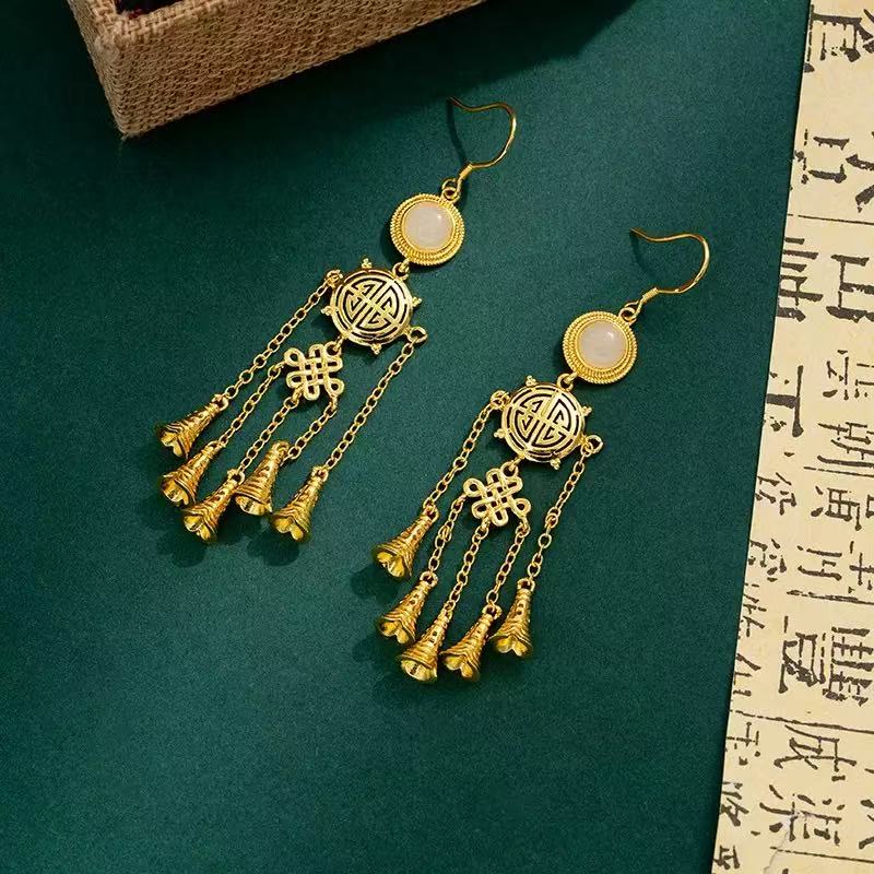 Tassel Bell Inlaid Stone Vintage Elegant Earrings